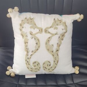 Lilly Pulitzer For Pottery Barn Ecru Pillow with Gold Seahorse Embroidery